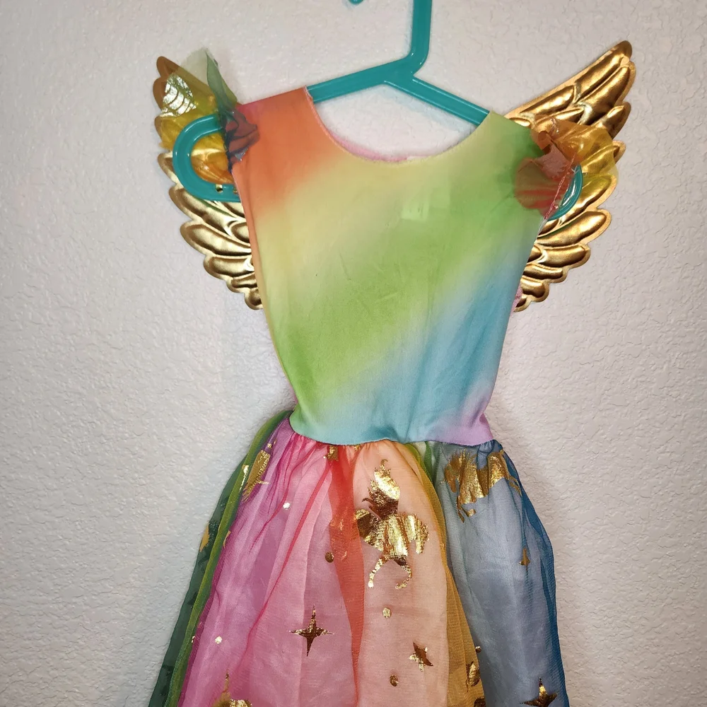 Kids Rainbow Gold Wing Fairy Costume unicorn princess 4 5
